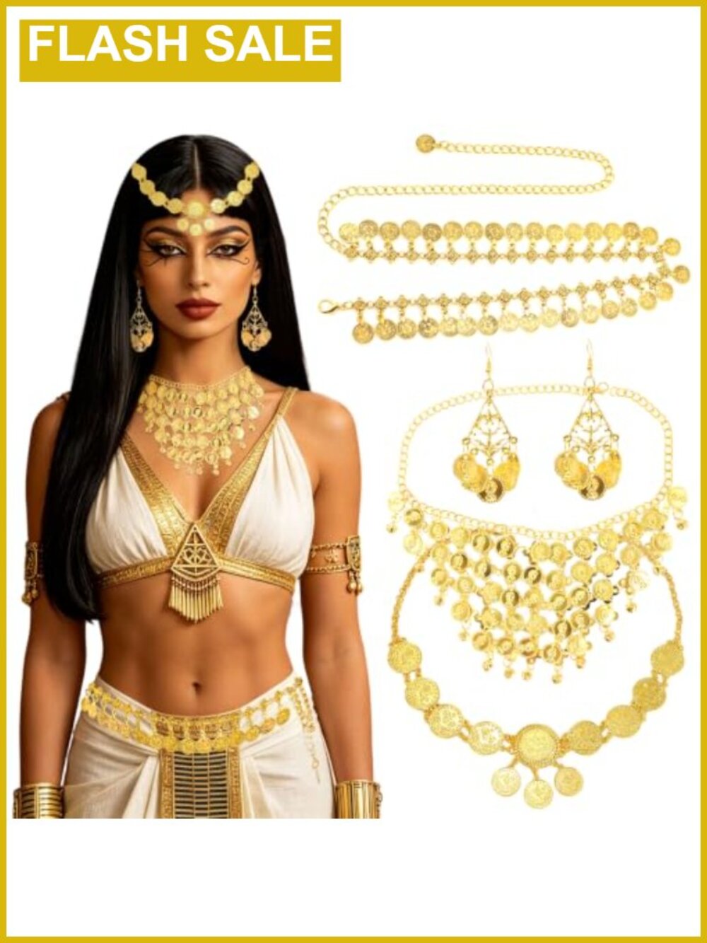 Egyptian Cleopatra Costume Accessory Set Coin Headpiece Necklace Earrings Waist